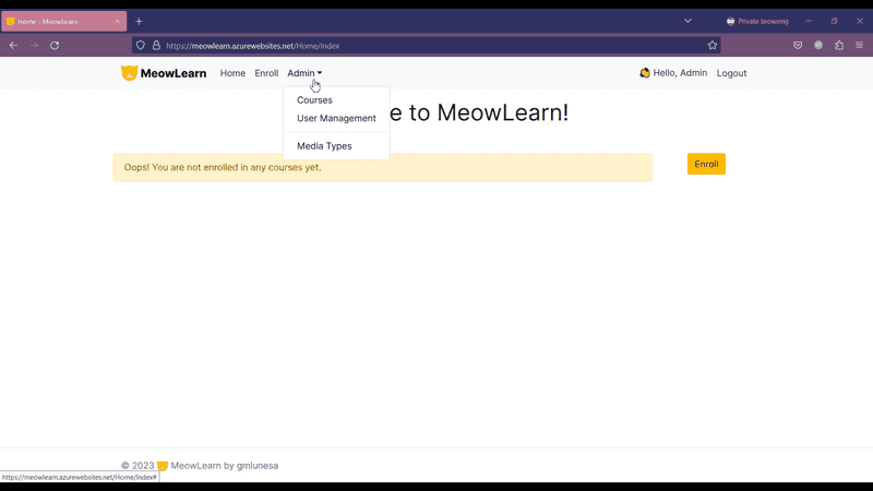 MeowLearn Admin Functionalities: Course Management, User Management, Media Type Management